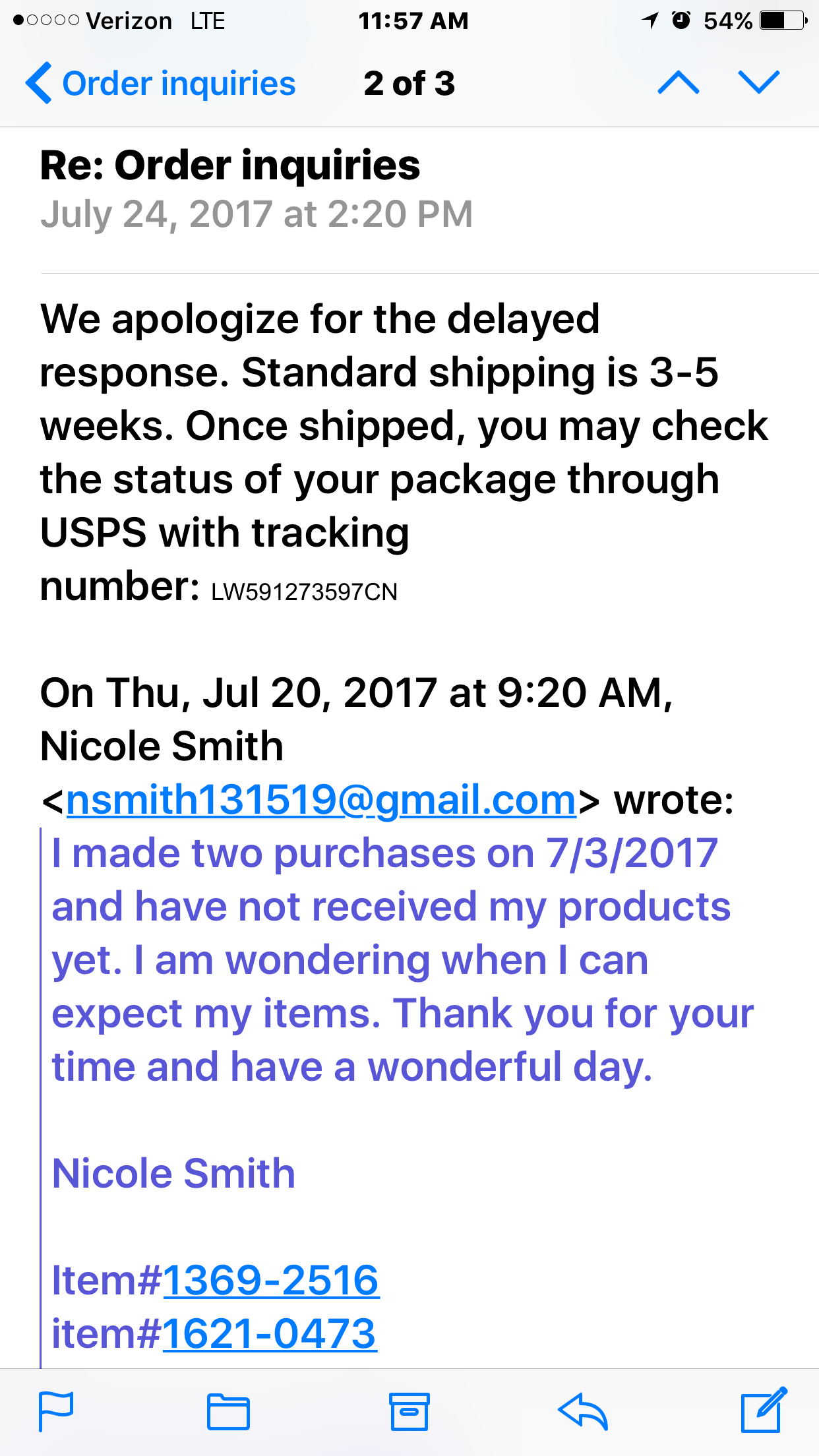 Response email from the company reguarding my order