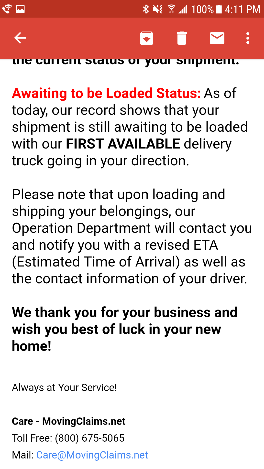 Continued email of status showing not in transit