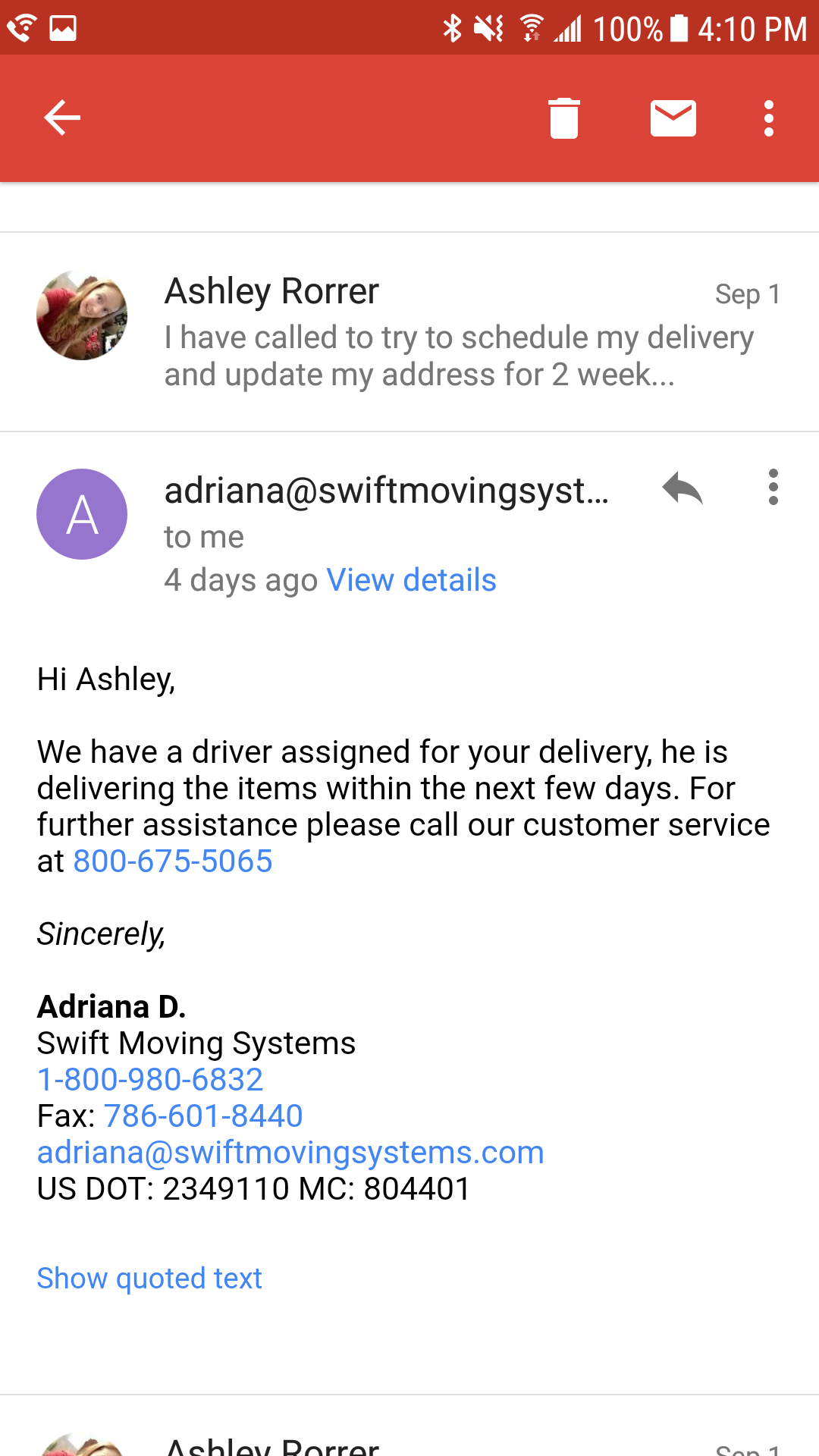 Email stating my items are in transit