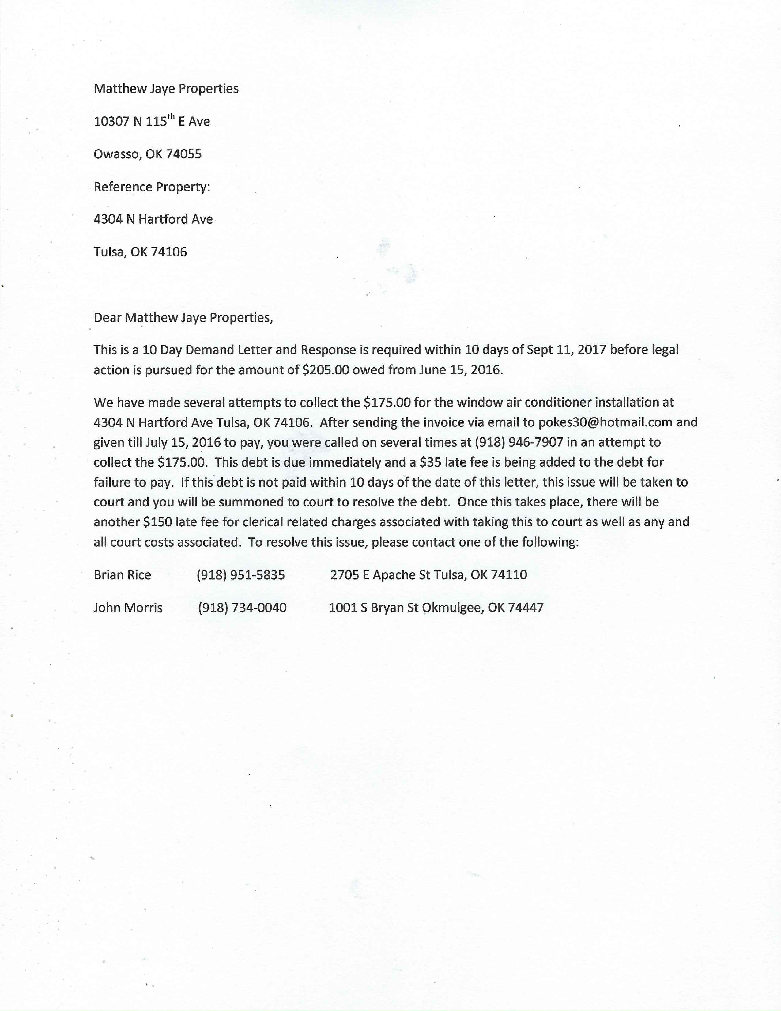 10 Day Demand Letter Sent To Business Listed as Owner of Rental Property.  Business Is Listed as Mathew Jaye Properties LLC in the State of Oklahoma