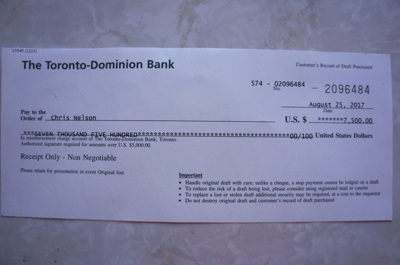 Certified copy of bank check to the seller