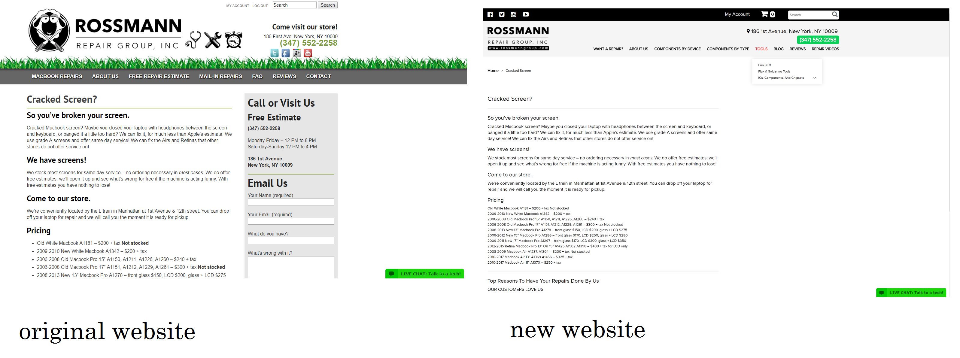 Side by side: old site vs. new site. 