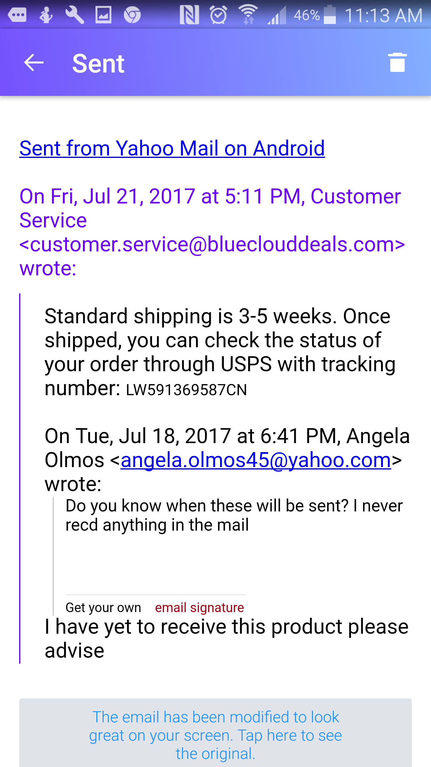 Screen shot of email saying usps tracking number.