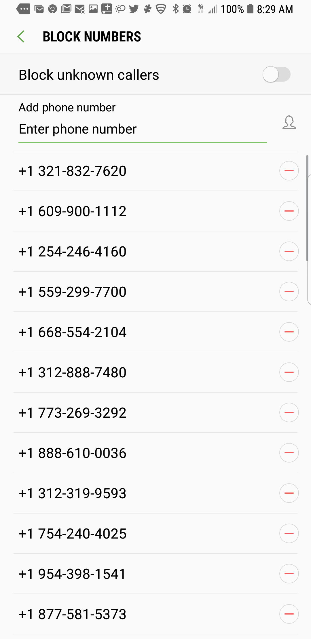 A sample of the blocked telephone numbers.