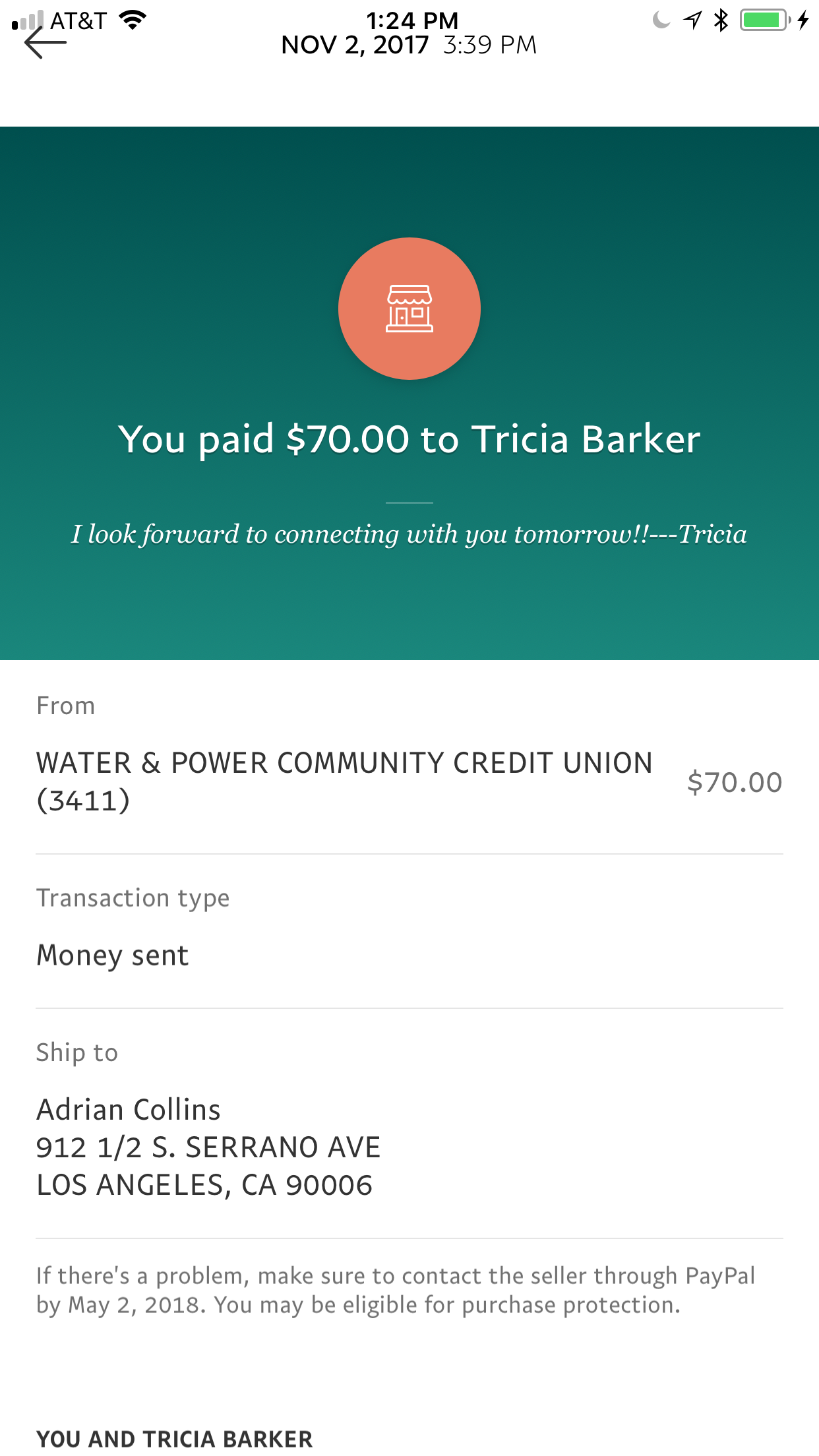 My $70 payment to Tricia Barker