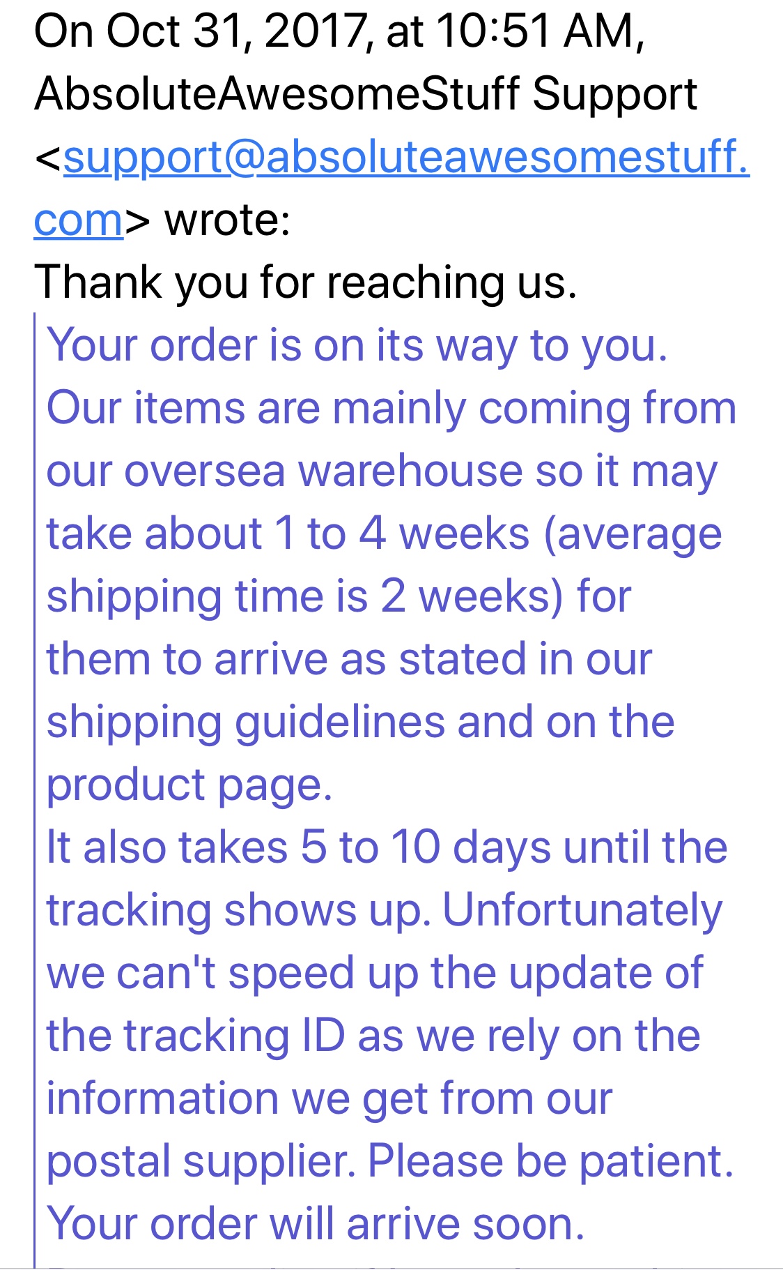 Oct 31 update. Still no tracking number.