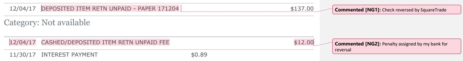 transaction showing check bounced