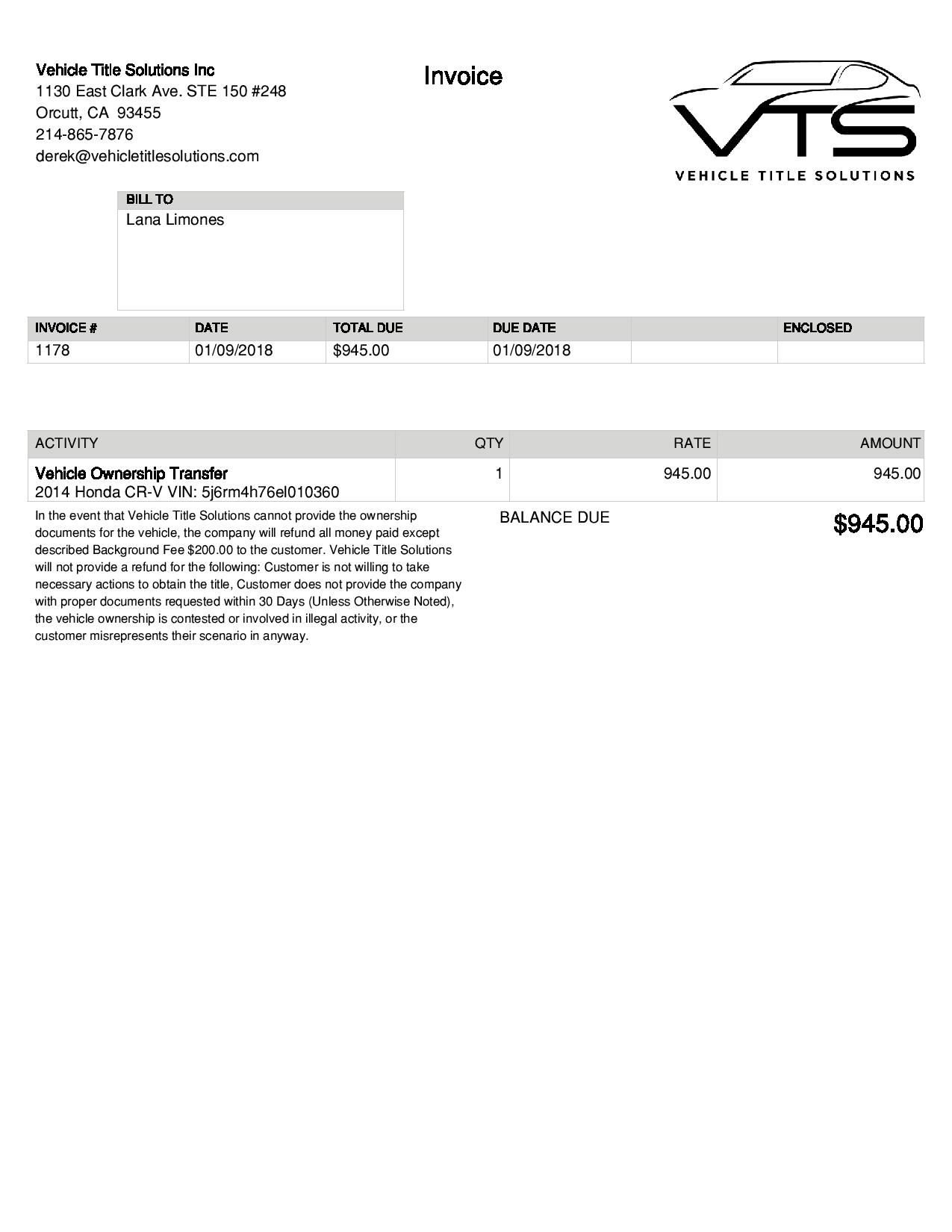 actual invoice from vehicle title soultions