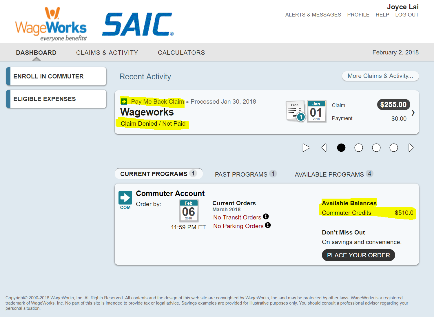 Claims denial notice on the Wage Works site.