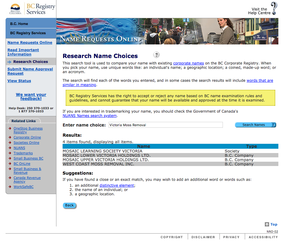 BC Name Registries search renders no results