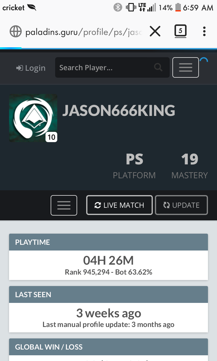 His gaming account on some thing called Paladins.