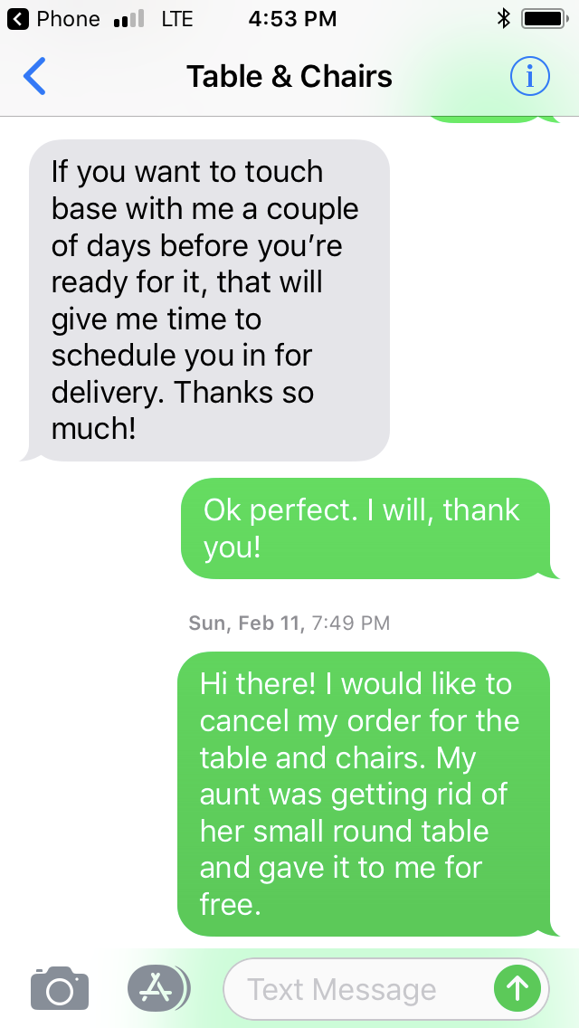 Text messages, canceled order on 2/11/2018