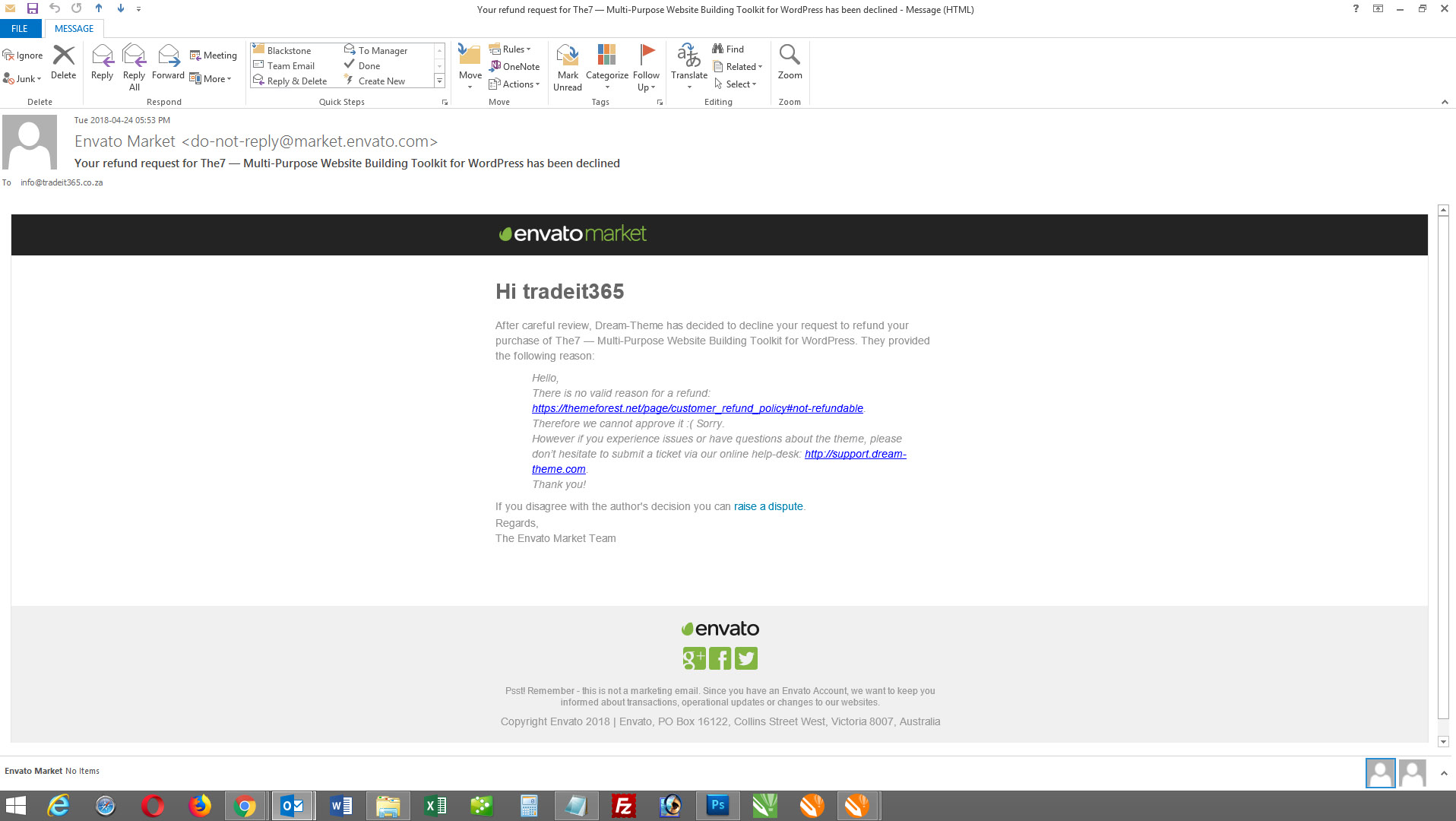 Rejection email from Envato Market