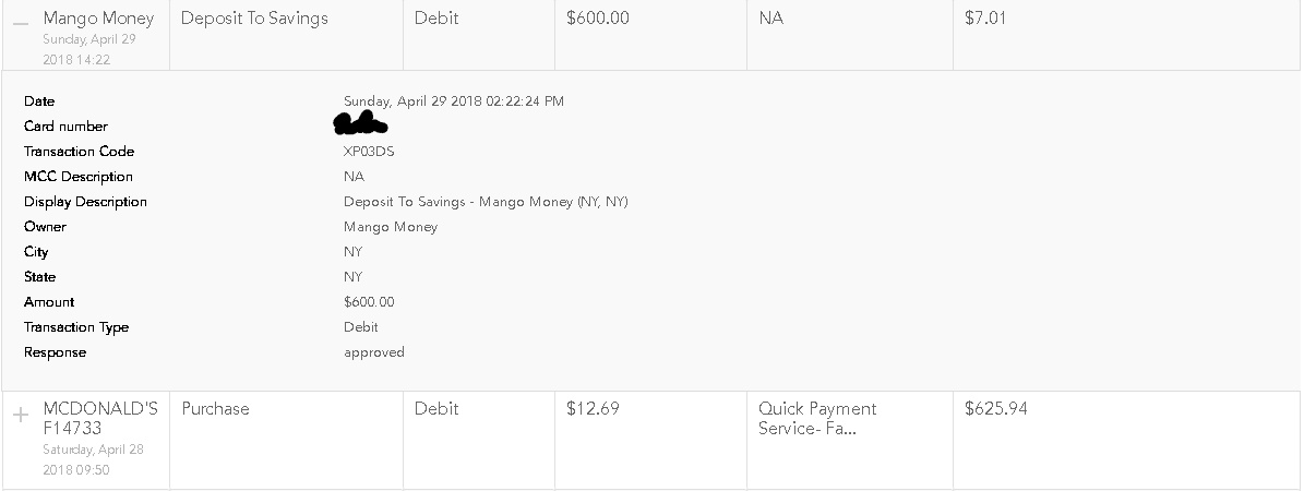 transfer shown in spending account