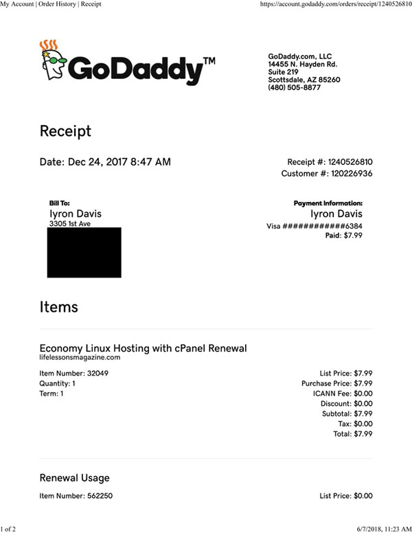 GoDaddy monthly invoice