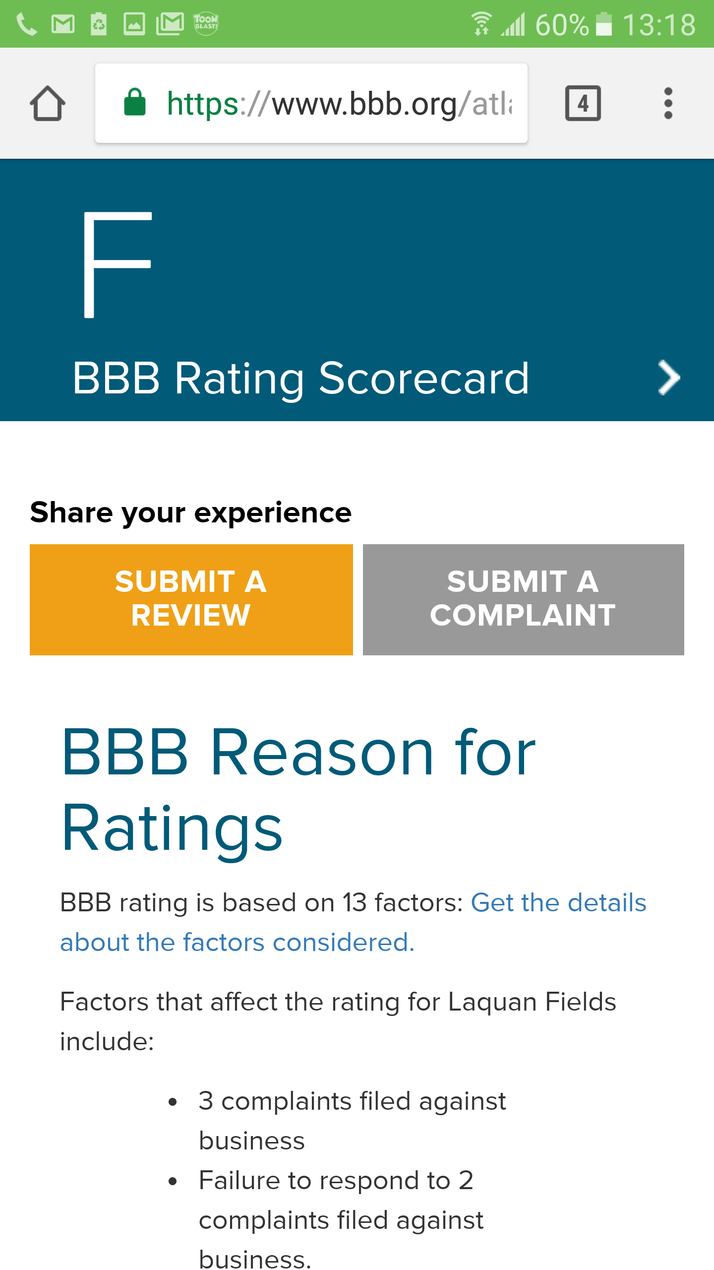Bad BBB reviews