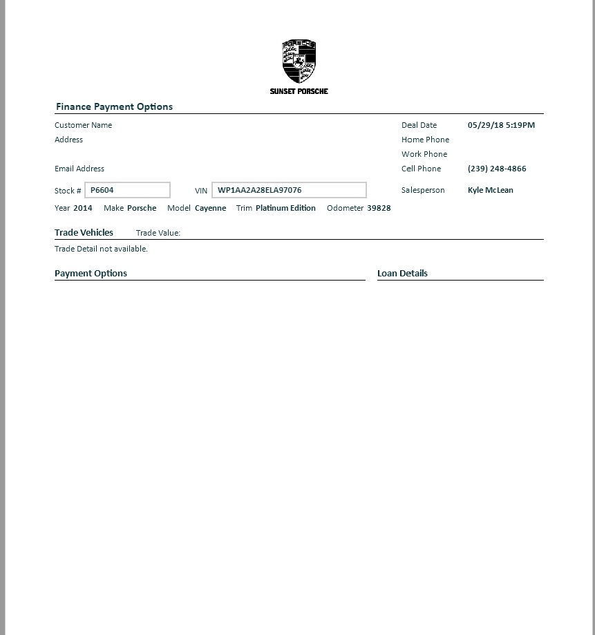 Loan Term Sheet Showing Platinum Edition Trim