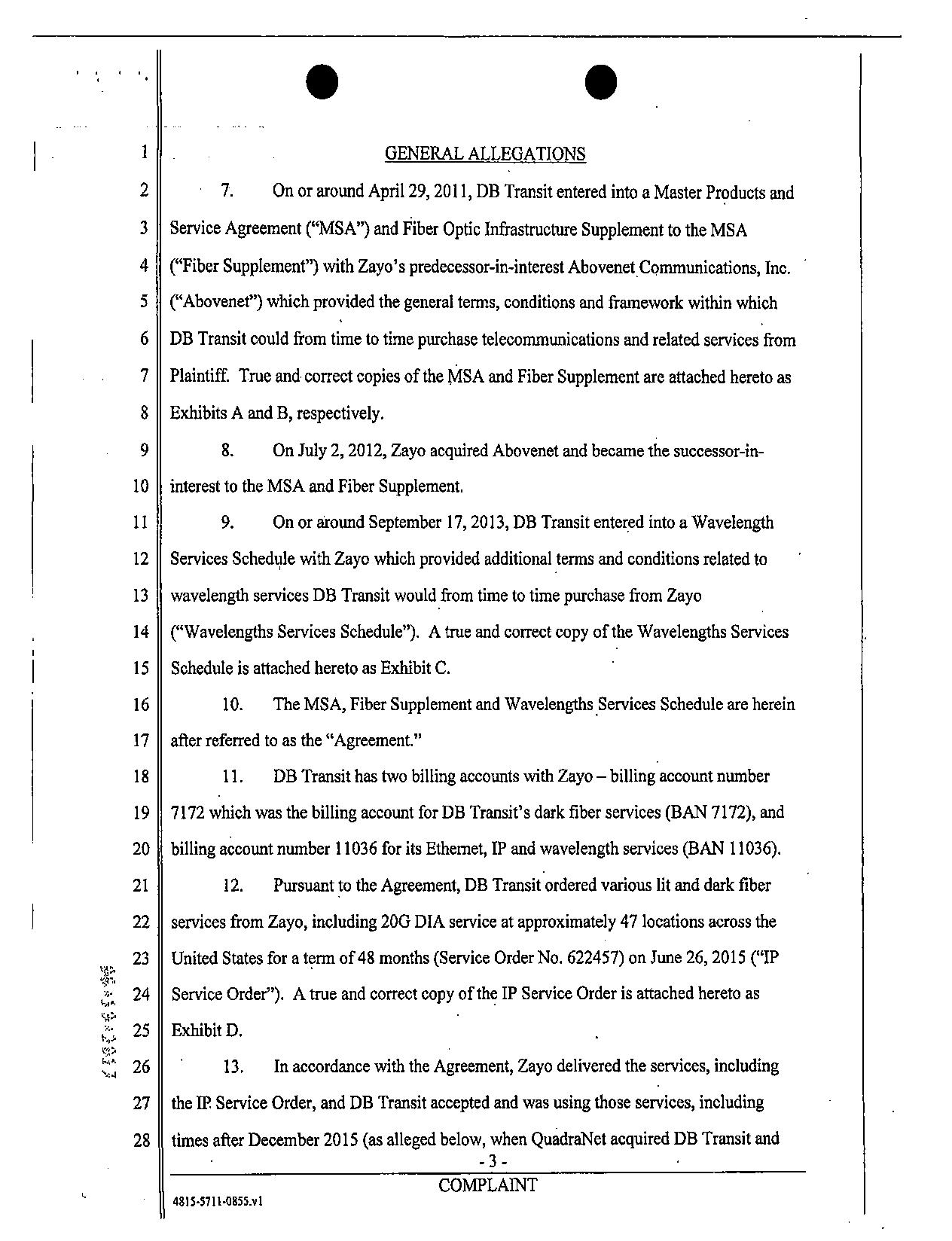 Quadranet Lawsuit with Zayo Group