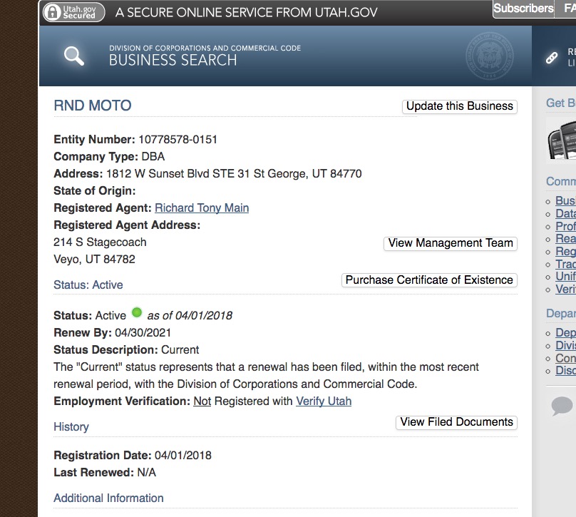 Utah Business license for RnD Moto