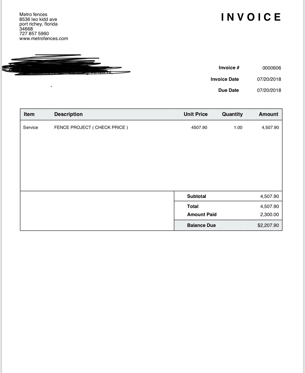 Invoice with deposit amount shown