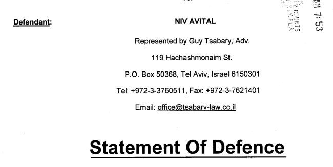 Guy Tsabary - Statment of Defence submitted