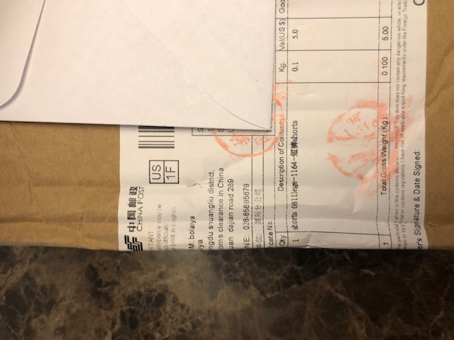 Package sent.  "Shorts" seen is description