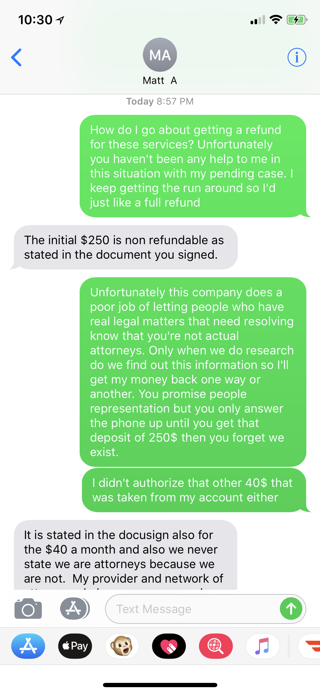 Text between Matt and I for a refund for services 