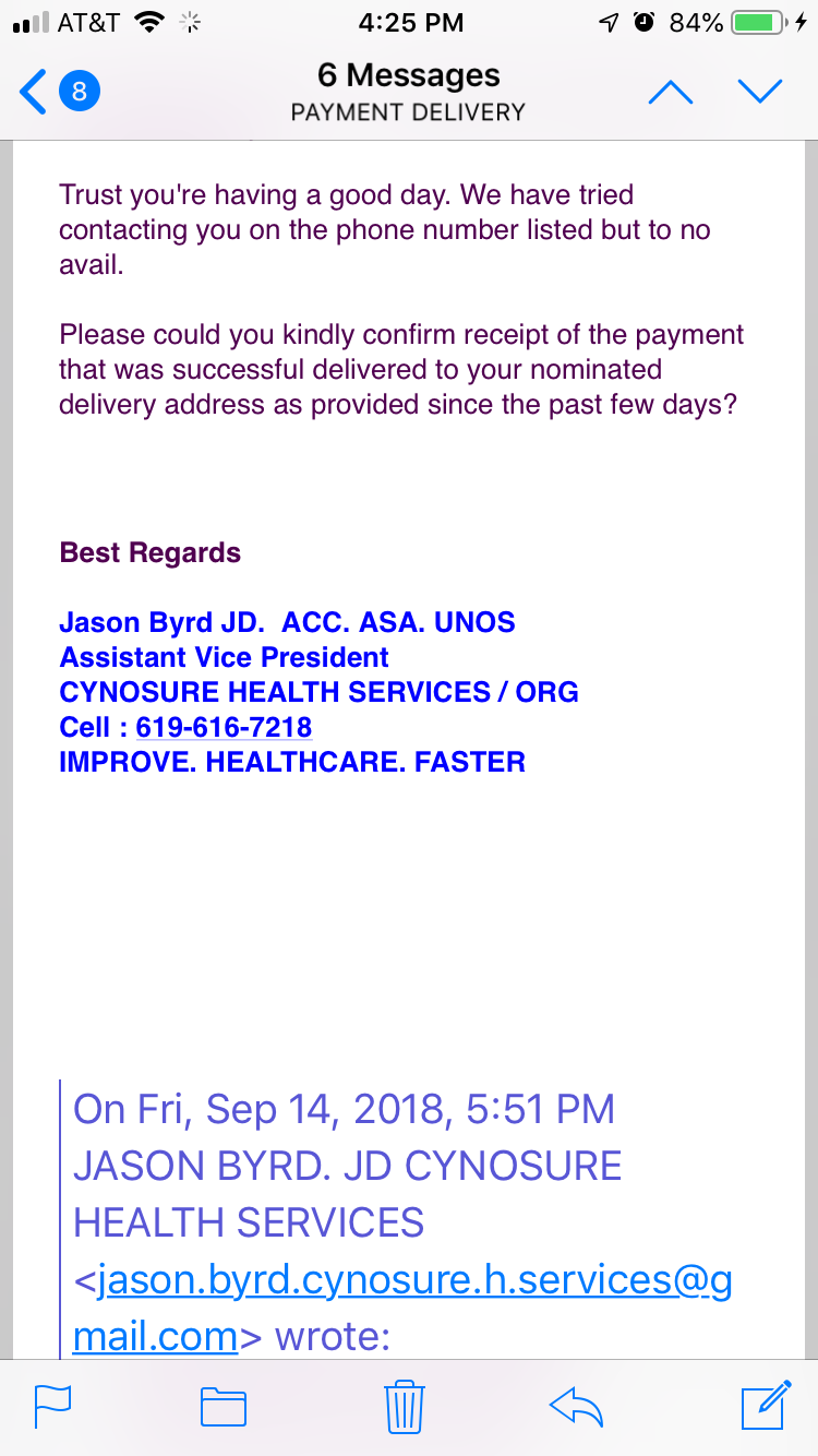 Email from Scammer, Jason, Cynosure 