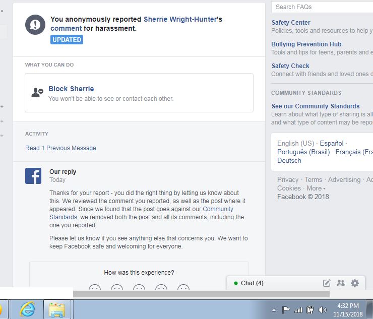 Sherri Wright - Hunter face book harassment vio.