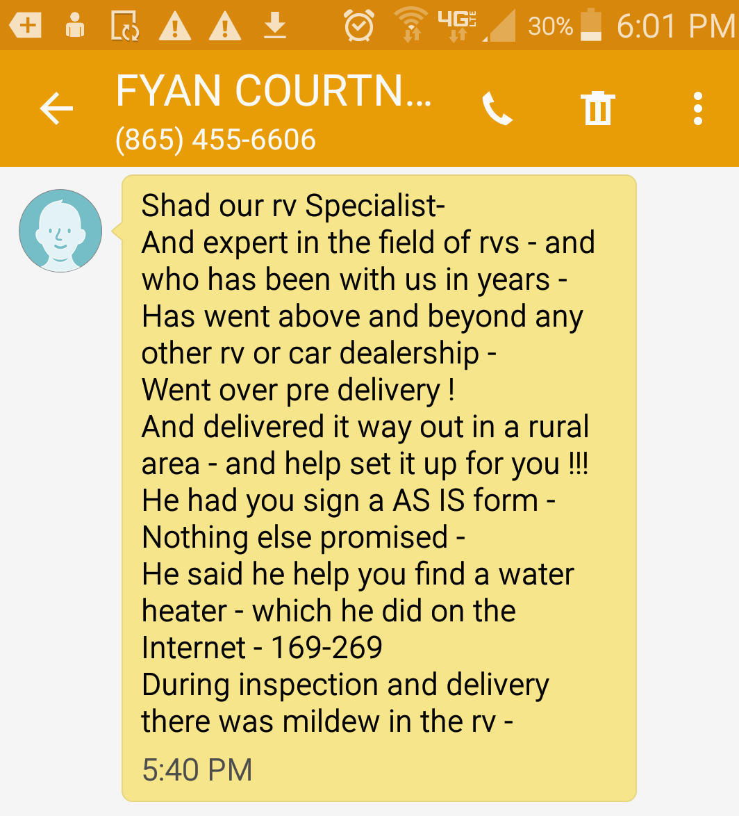 Text from owner admitting to mildew