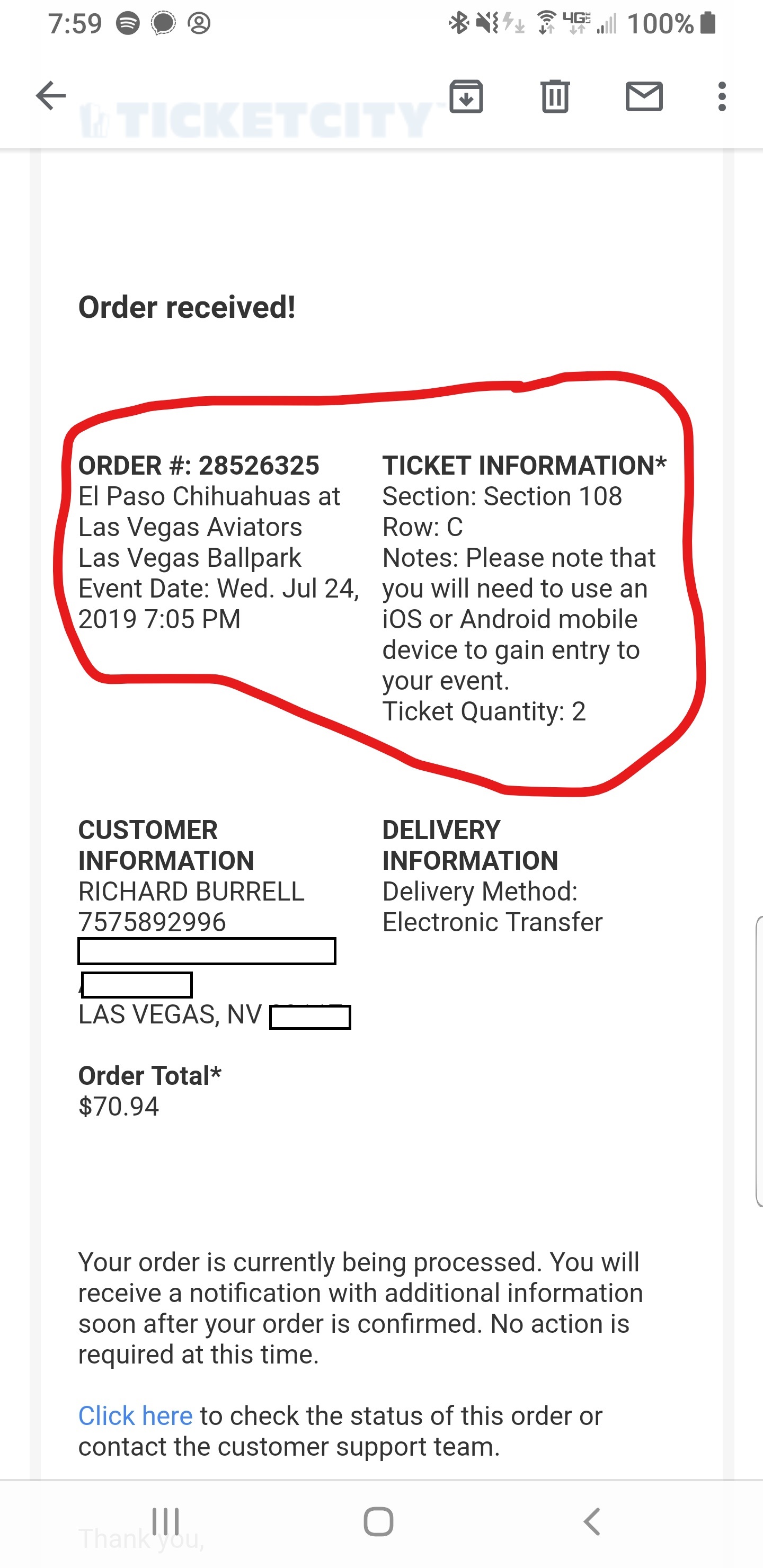 Original order with TicketCity