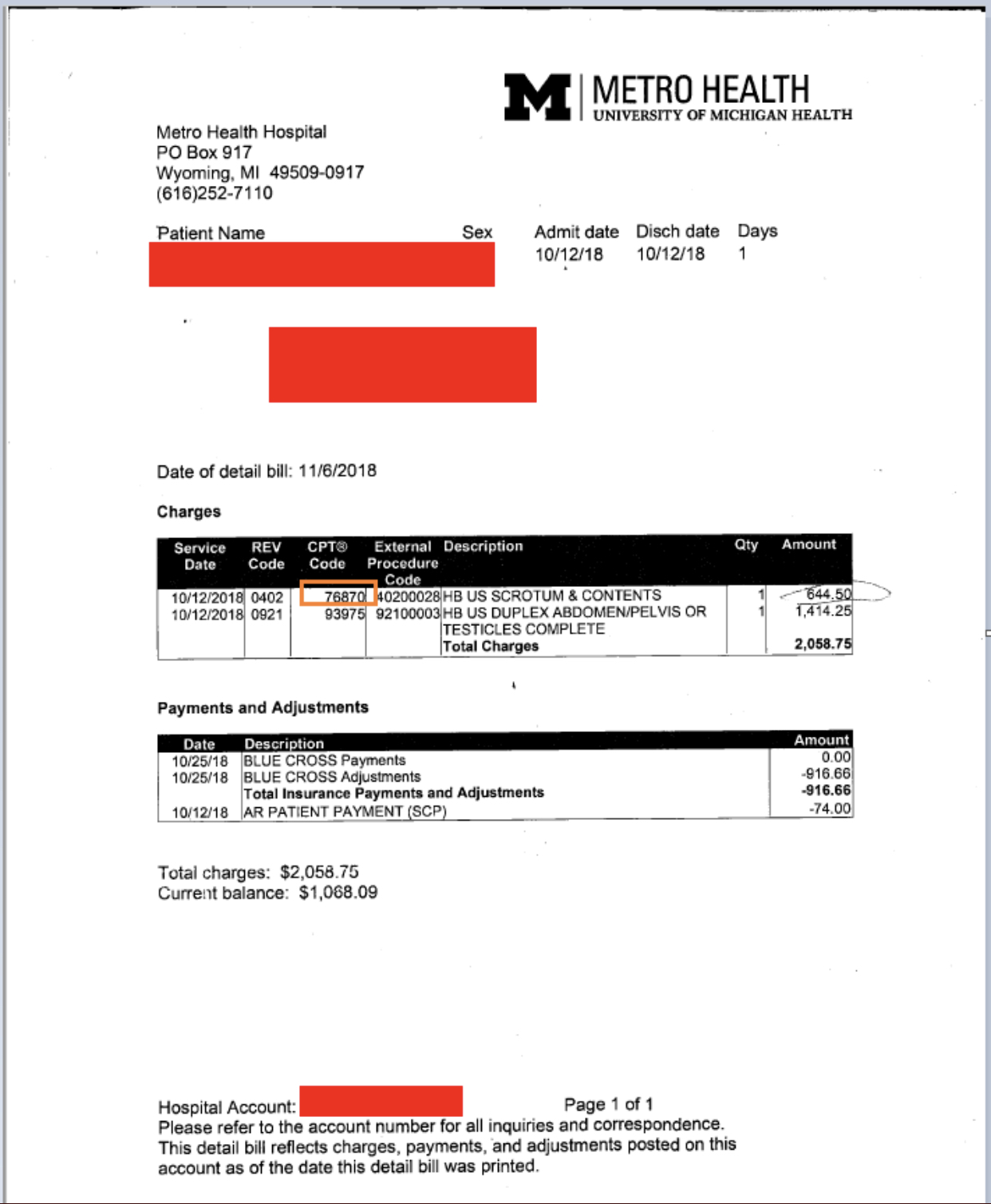 Metro Health Surprise Itemized Bill with CPT Code