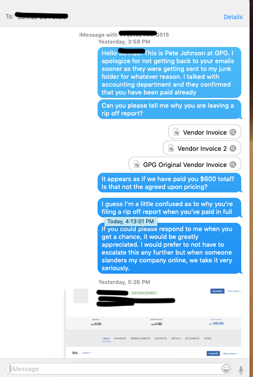 Text convo with Vendor trying to clear it up