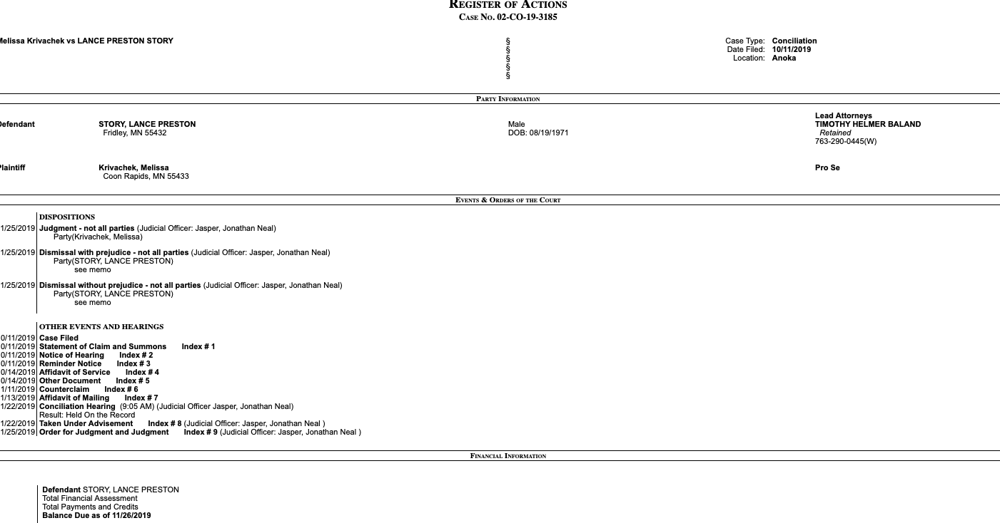 Lawsuit With JUDGEMENT in Melissa's Favor