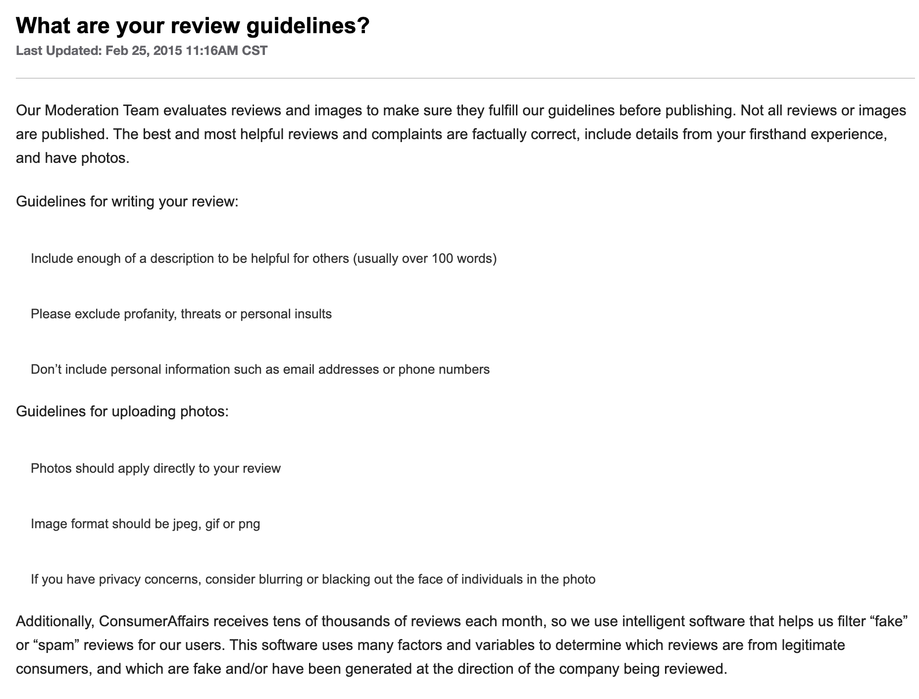 Consumer Affairs review guidelines