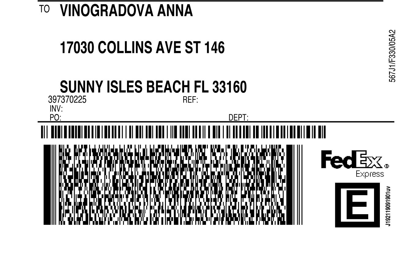 Shipping label used for the shipment and address