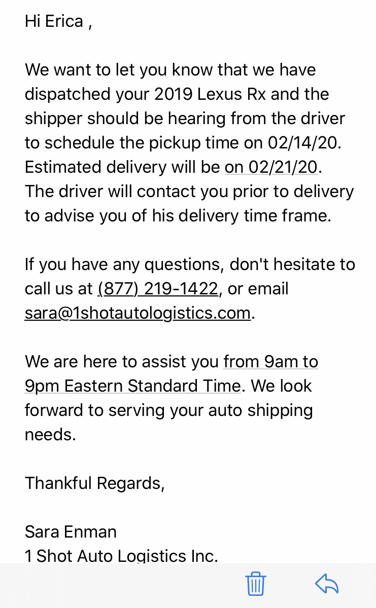 Email saying car will be picked up February 14