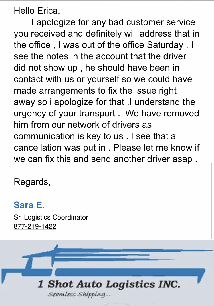 email driver no show and should have called me