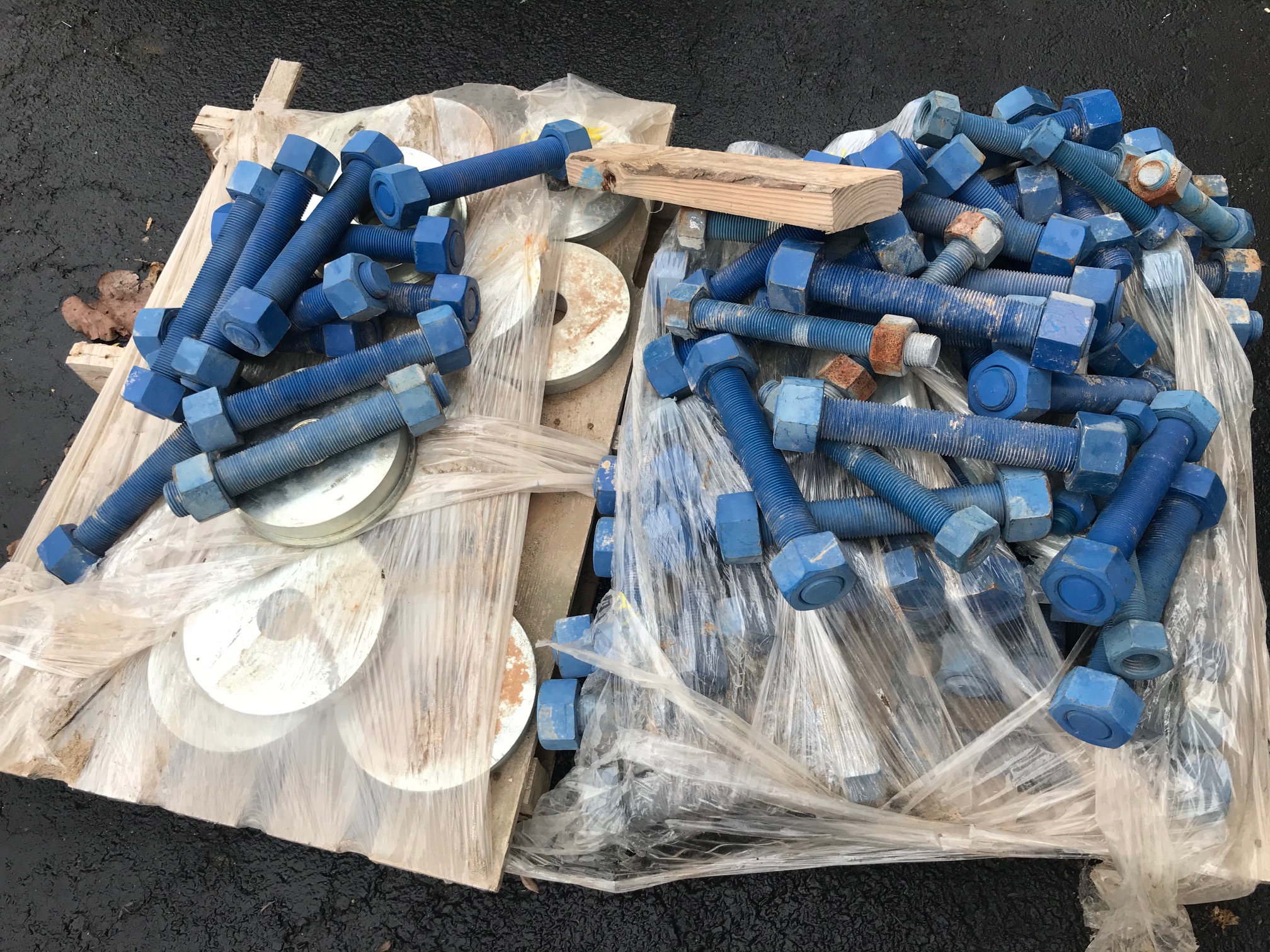 Pallet of blue bolts he took and didn't pay for