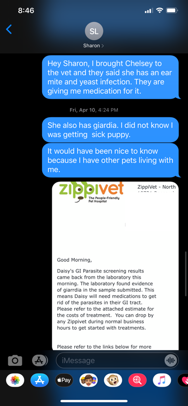 text about the dog having ear mites and giardia