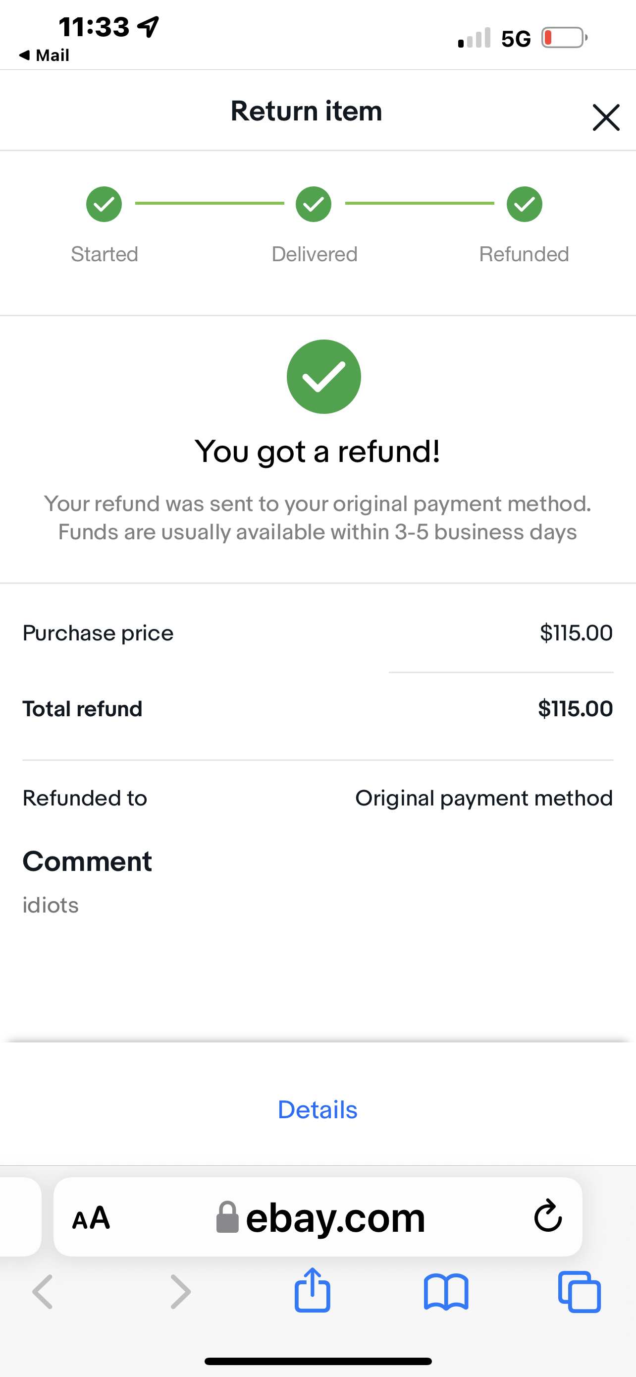 Receipt with refund “idiots” in comment