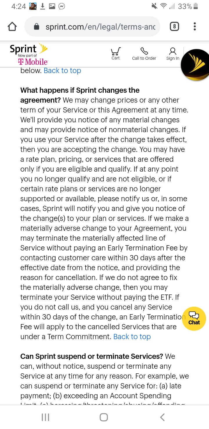 Sprint terms regarding changes to agreement