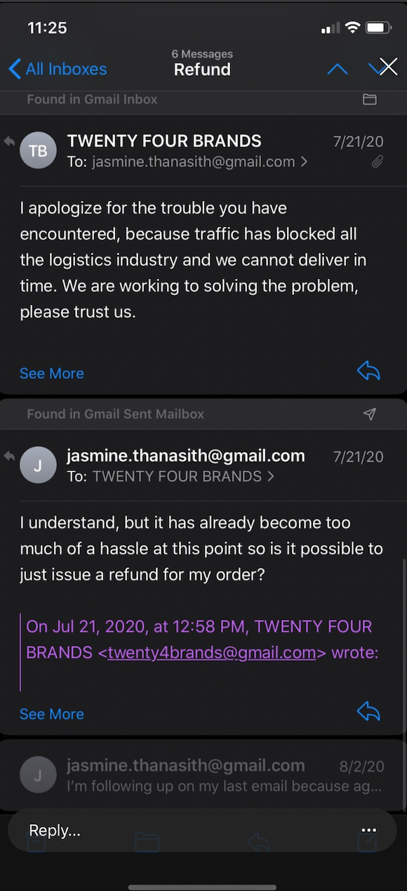 sending email for refund to twenty4co