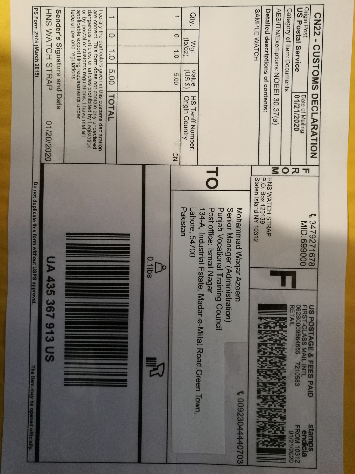 USPS Booking Receipt For Less Ordered Item Value