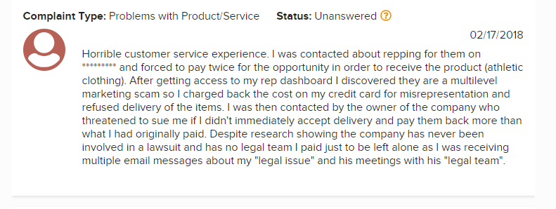 complaint by previous customer since 2018