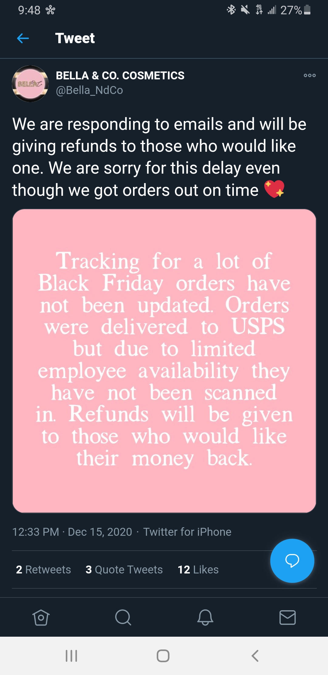 Refund post on social media 