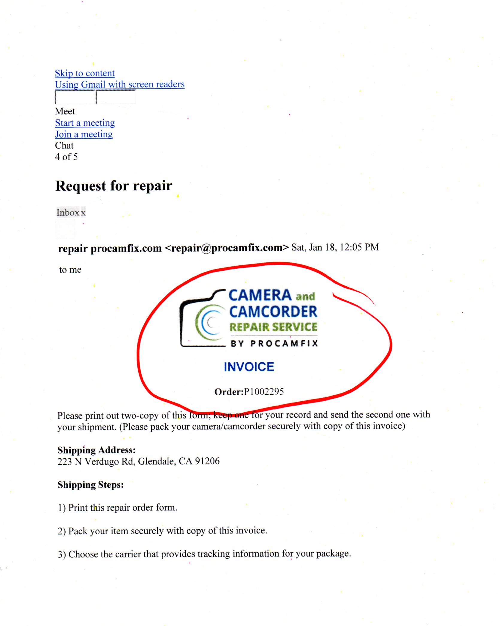 Pro Cam Fix Invoice for Request For Repair.