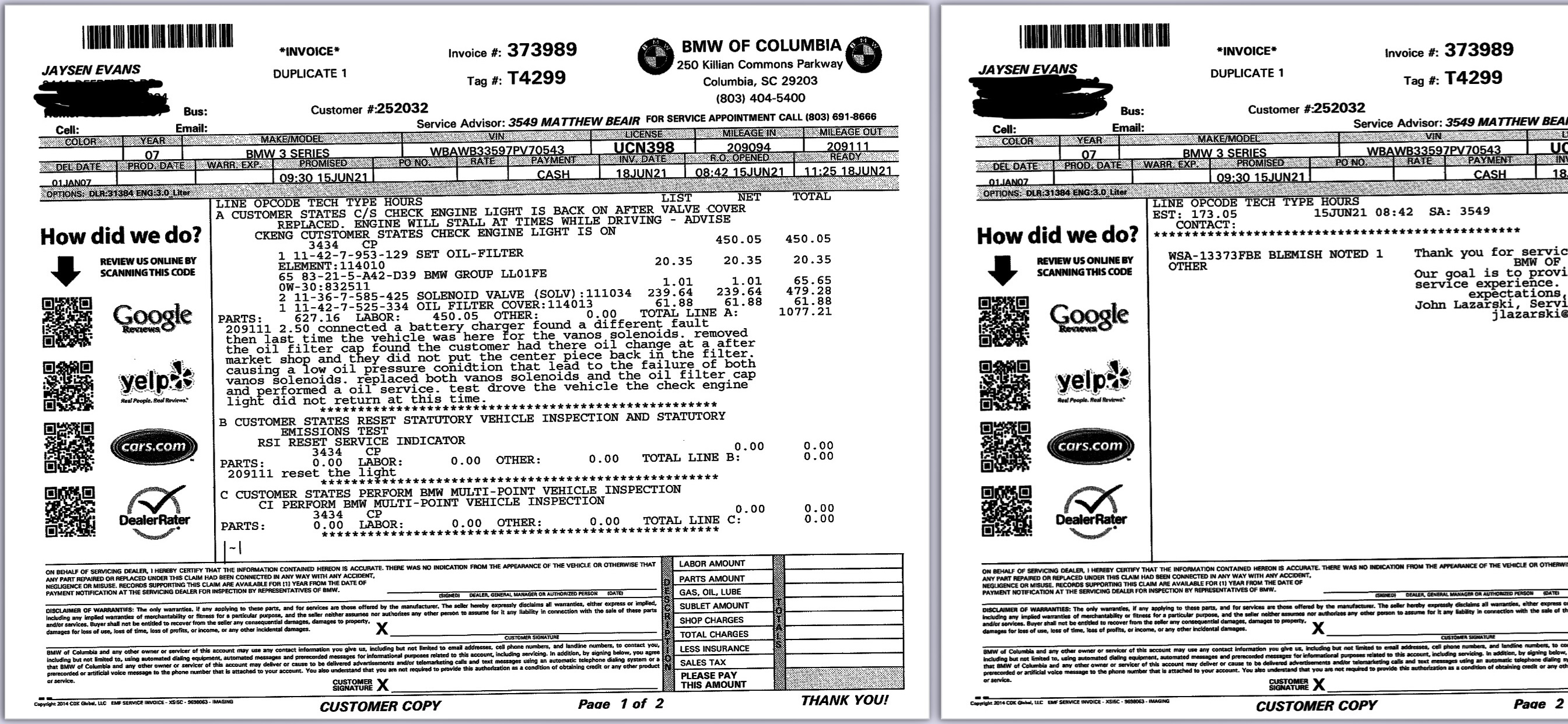 Invoice for cost of repair