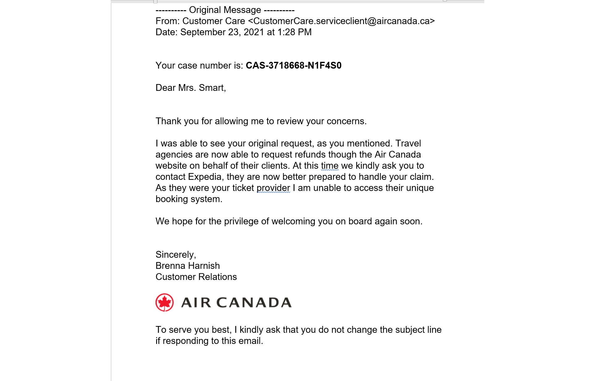email from Air Canada on April 28, 2021 approving 