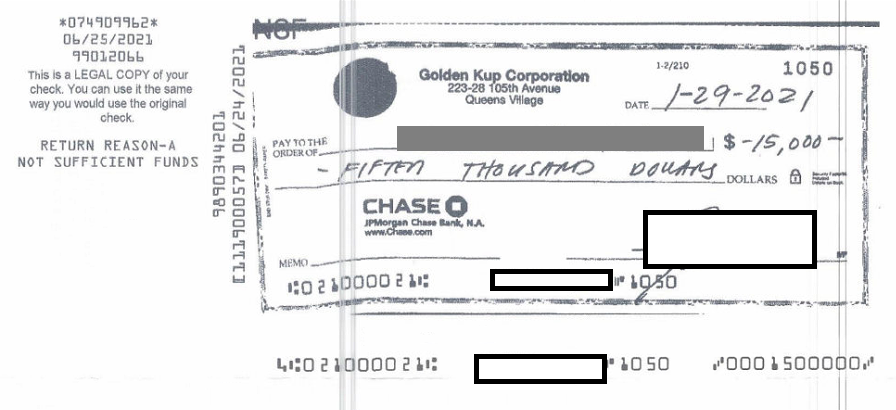 Bounced $7,500 check signed by Jeffrey Abatayo